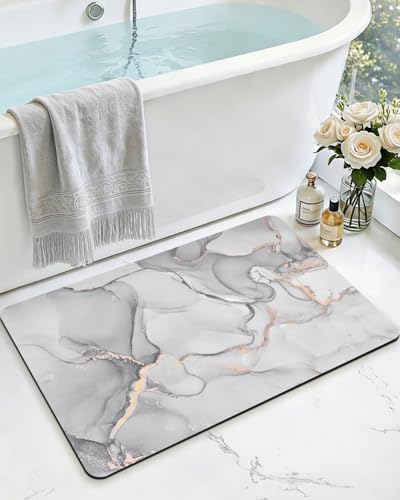 DEXI Bathroom Mat Ultra Thin, Non Slip Bath Rug for Shower Floor, Absorbent Quick Dry Marble Bathmats Low Profile, 16x24, Light Grey