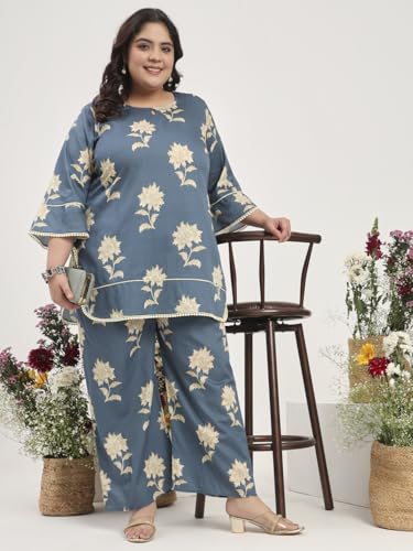 Image of Tissu Women's Plus Size Pure Cotton Grey Floral Tunic with Palazzo Co-ords