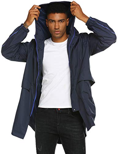 Mens Travel Jacket Waterproof Rain Slickers with Hood Big and Tall Raincoat Blue