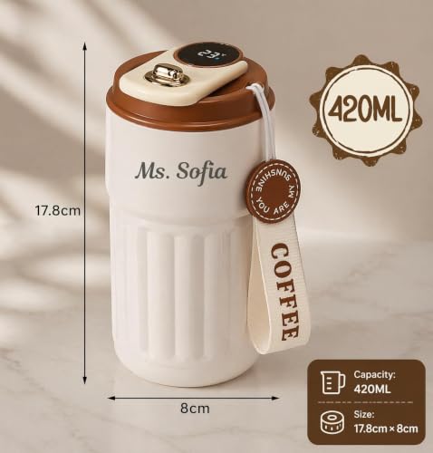 Image of VOLITO Personalized Coffee Mug with Temperature Display, 420ml Ceramic Travel Coffee Cup with Lid, Insulated Coffee Tumbler with Wrist Strap, Custom Name Gift for Coffee Lovers(mini 420ml)