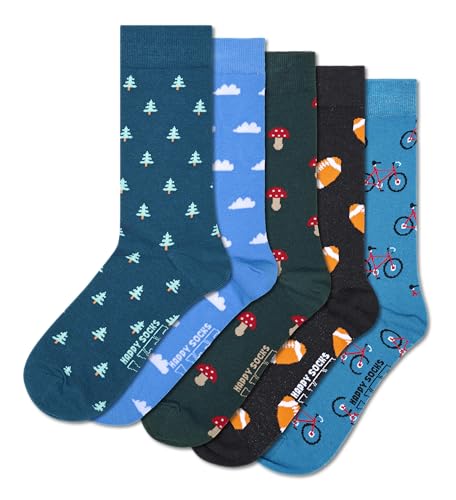 Happy Socks Basics Collection- Trees,Clouds,Mushroom,Bike Design Crew Socks-5-Pack for Men and Women-Size Medium/Large