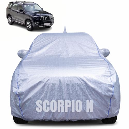 Image of 100% Waterproof Car Body Cover for Mahindra Scorpio N (2022-2025) with Mirror Pocket, Heat & UV Resistant, Triple Stitched, Soft Lining, Bottom Elastic & Piping (Silver Reflective)