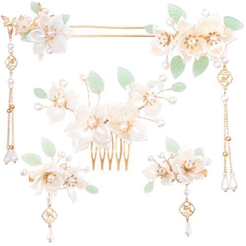 CustomyLife 5PCS Camellia Flower Tassels Hairpin, Crystal Rhinestone Pearl Hair Clips, Chinese Hanfu Headpiece, Retro Wedding Party Hair Jewelry Accessories for Women Brides