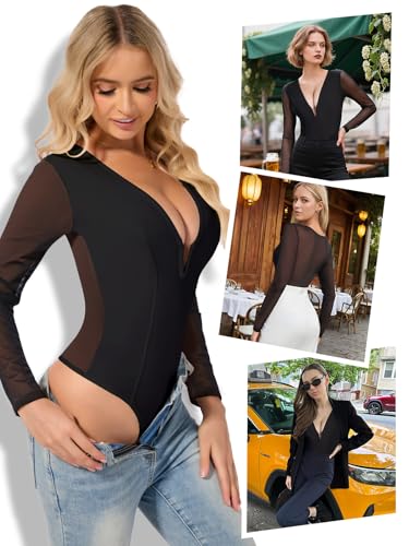 SHAPERIN Mesh Long Sleeve Shapewear Bodysuit Women Sexy Deep V Neck Tummy Control Sheer Body Suit Going Out Tops Concert Outfits Black XL — view 5