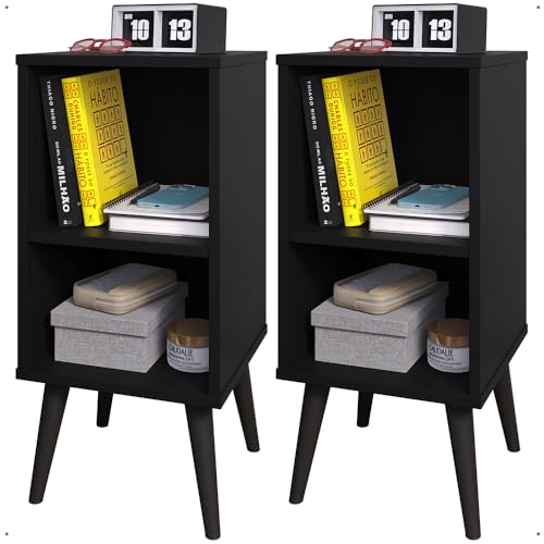 Kit 2 Mesa de Cabeceira Retrô com Prateleira Charme Compacta Pés em PVC (Preto)