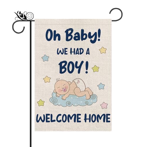 Garden Flag Welcome Baby Boy Vertical Doubled Sided Burlap Flag for Home Yard Outdoor Decor Gift 12.5x18 Inch
