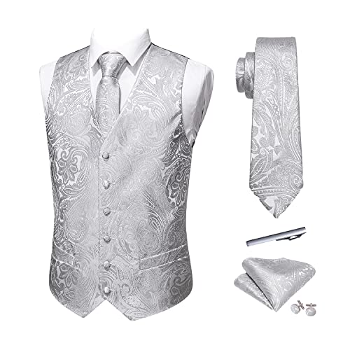 Image of Barry.Wang Mens Silver Suit Vest Paisley Jacquard Silk Ties Handkerchief Cufflinks Waistcoat Set Wedding Party Tuxedo 5PCS
