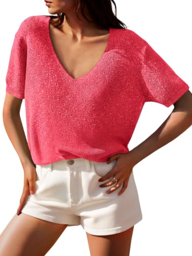 Image of Saodimallsu Womens Short Sleeve Sweater Summer V Neck Casual Tops Lightweight Loose Knit Pullover Shirts