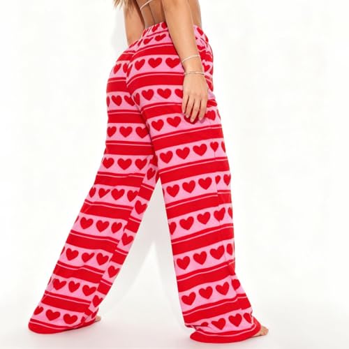 Image of Valentine's Day Flannel Pants Women's Romantic Heart Print Elastic Drawstring Waistband Wide Leg Loose Fit Trousers