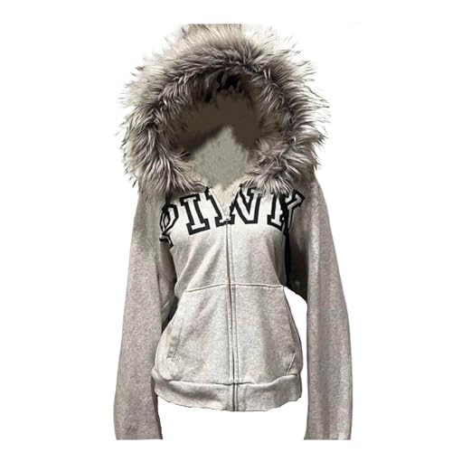 GGOOB Grunge Fur Hood Zip Up Hoodie Women Teen Girls Y2k Emo Goth 2000s Sweatshirts Cute Fall Winter Crop Coats (Light gray,Medium)