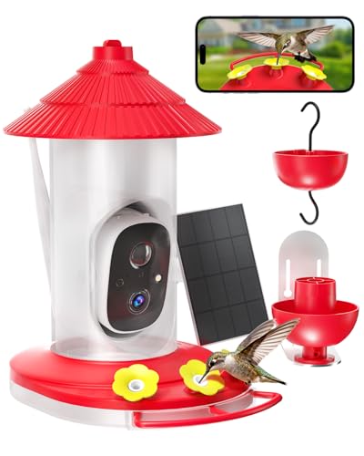 Smart Hummingbird Feeder with Camera Solar Powered for Outdoors IP66 Waterproof 2K FHD AI Recognition Hanging Hum Bird Feeder Camera for Outside Backyard Garden, Gifts for Birdlover Mom Dad Kid (Red)