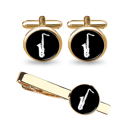 ZUNON Saxophone Cufflinks Tie Clip Music Instrument Wedding Fancy Gift Silver/Gold (Gold Cufflink Tie Clip Set)