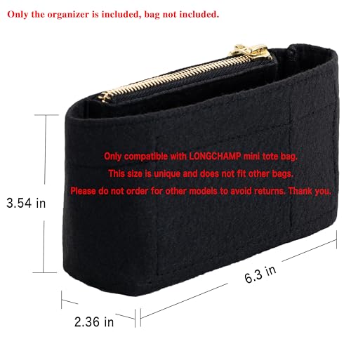 Image of Mini Purse Organizer Insert for Longchamp Le Pliage Small Tote - Felt Inner Bag Liner with Zipper Pocket, Lightweight Storage for Mini Handbags, Black
