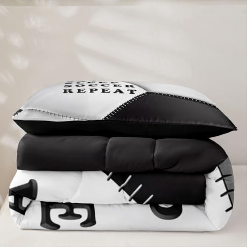 Image of Feelyou Soccer Comforter Set Twin Size Football Bedding Set for Kids Boys Girls Eat Sleep Sports Theme Duvet Quilt Bedroom Decor Microfiber 2 Pcs with 1 Pillow Case