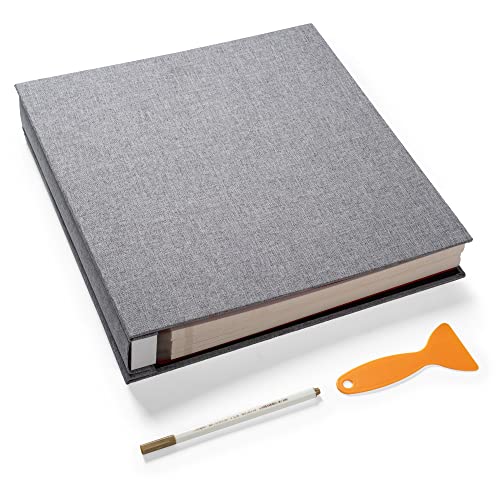 Photo Album Self Adhesive 3x5 4x6 5x7 6x8 8x10 8.5x11 11x10.6 Magnetic Scrapbook Length 11x10.6 Inch 40 Pages Linen Cover DIY Photo Album with A Metallic Pen and DIY Accessories(Gray)