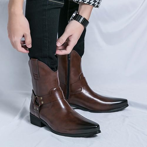 Men's Western Cowboy Boots Fashion Pointed Toe Formal Casual Chelsea Slip Resistant Motorcycle Riding Men's Boots with Buckle Closure Side Zipper Designs4