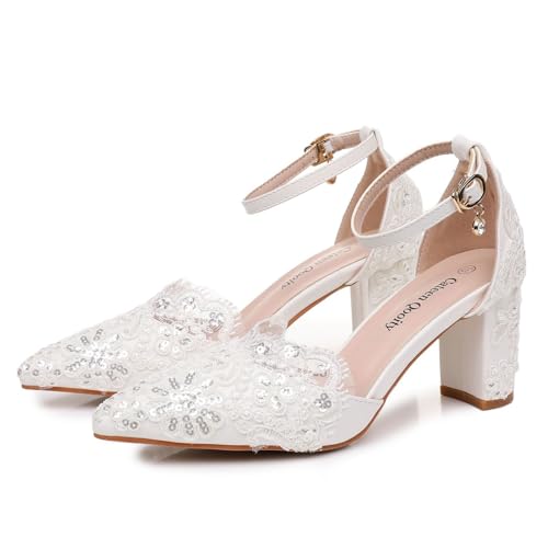 Women's Lace Ankle Strap Pointed Toe Pumps with 3 Inch Heel, White2