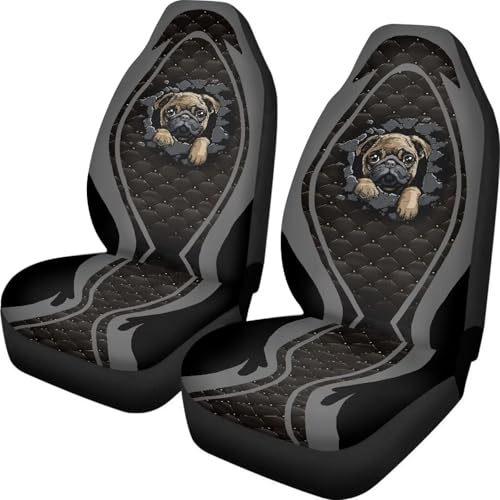 Poceacles Pug Dog Black Grey Universal Car Seat Covers for Car Truck Sedan SUV 2 Packs, Automotive Front Seat Covers, Breathable Bucket Seat Cover, Protective Car Interior Accessories