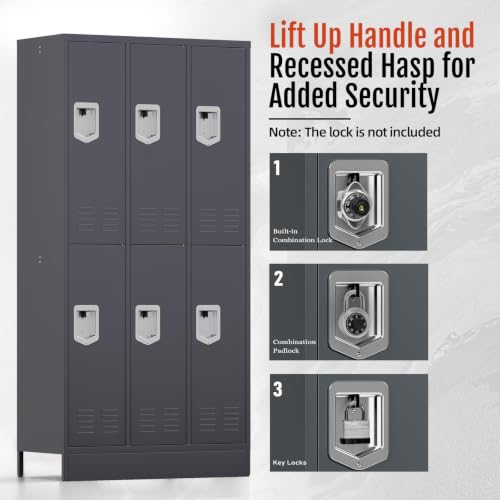 Image of BUTISOW 6 Door Metal Storage Locker for Employees, Heavy Duty Steel School | Locker with Lift Up Handle & Recessed Hasp, Gym Office Lockers with Adjustable Shelves & Hooks, 72 inchH x 35.4 inchW x 15.75 inchD, Grey