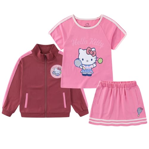 Hello Kitty Sanrio Girls Short Sleeve T-Shirt Jacket and Skirt 3 Piece Set for Big Kids