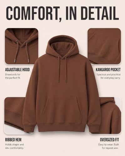 Image of NOBERO Oversized Solid Hooded Sweatshirt for Men | Oversized Hoodie for Men | Hooded Pullover | Cotton Rich Printed Hoodie 280 GSM Fleece