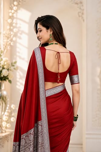 Image of Women's Glory Banarasi Satin Kanjivaram Saree Silver Zari Border Pure Soft Blend Silk Sari Kanchipuram Paithani Silk Party Wedding Festive New Ladies Sadi with Unstiched Blouse Piece. (Pink)