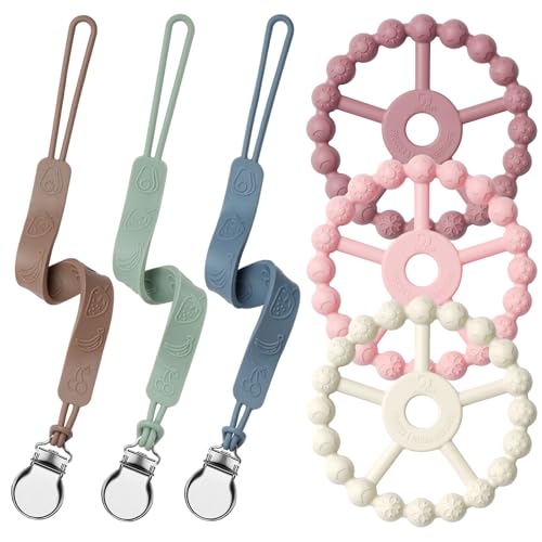 Image of Silicone Ring Teether and Pacifier Clip, Seposeve Pack of 3 Baby Pacifier Teether Clip for Babies 0-6 Months, Teething Ring Toys, Keeps Teethers Clean, 6-12 Months 12-24 Months