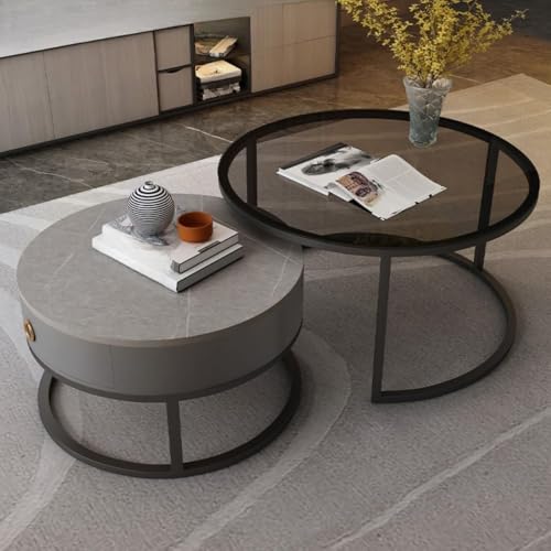 セラミックローテーブル ネストテーブル 2個セット 引出し収納付き 金属フレーム 北欧風 モダン 完成品 リビング 一人暮らし (幅80p+幅60p,B)