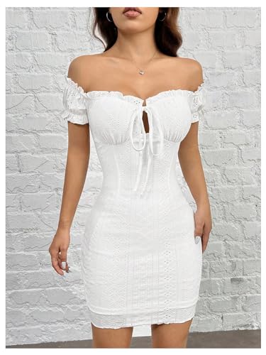 Image of Floerns Women's Cut Out Off Shoulder Short Puff Sleeve Eyelet Bodycon Mini Dresses