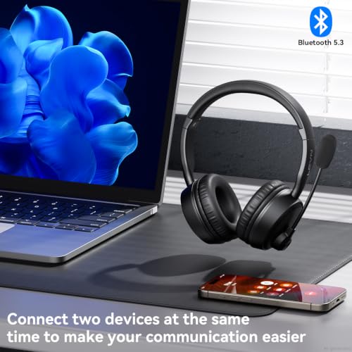 Image of Bluetooth Headset with Microphone, 60 Hrs Bluetooth Headphones with Mic, Wireless Headset with Mic for Work /Meetings /Office /iPhone /Phone Calls /Call Center /Computer /PC /Teams /Zoom /Podcast /Skype /WebEx