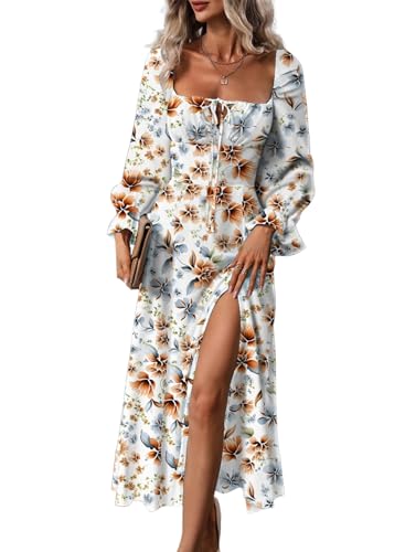 BLENCOT Womens Wrap Floral Dress Casual Vintage Square Neck Ruffle Hem Split A-line Beach Dresses White L