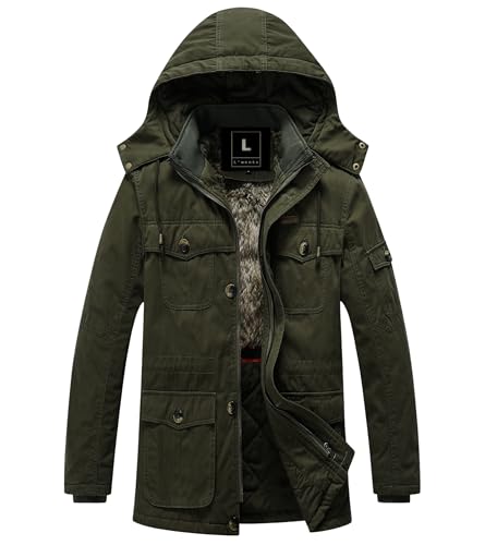 Image of L'MONTE Men's Heavy-Duty Winter Jacket - Cotton Outdoor Coat with Fleece Lining, Detachable Hood, and Multi-Pockets - Warm, Windproof & Stylish for Cold Weather