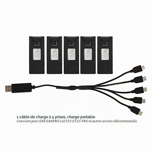 Cuifati Lot de 5 Batteries de Rechange pour Drone E88 E88PRO LsE525 E525 Pro, Batterie au Lithium 3,7 V 1800 MAh avec Câble de Charge, Batterie de Rechange pour Modèle d'avion télécommandé