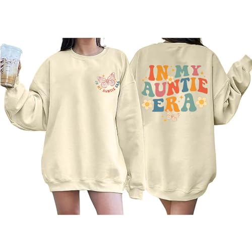 QICAISH Womens Aunt Sweatshirt In My Auntie Era Crewneck Pullover Tops Cute Letter Print Casual Sweatshirts Apricot