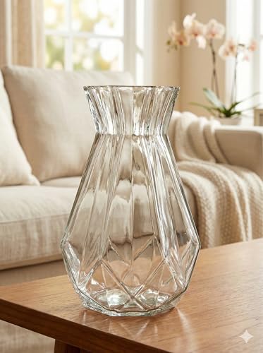 Image of Decorative Glass Vase for Flower Plants | Clear Glass vases for Home Decor | Glass vase for Living Room (Cylindrical)-Pack of 2