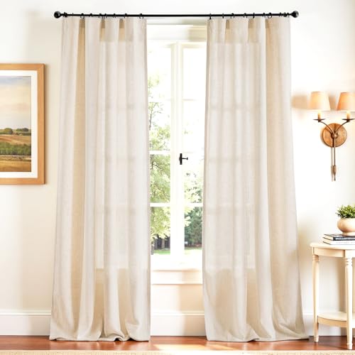 jinchan Beige Linen Blend Curtains 108 Inches Extra Long 2 Panels for Bedroom Living Room, Light Filtering 50 Inches Wide Natural Farmhouse Drapes wit