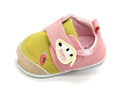 Image of Baby First Walking Shoes, Unisex Infant Sneakers, Hook & Loop Closure, Mid Top Canvas, Pink-Green Multicolour