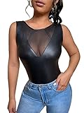 MakeMeChic Women's Faux PU Leather Sleeveless Contrast Mesh Fitted Tank Top Black M