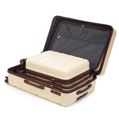 3-Piece Hardshell Luggage Set, 20/24/28 Inch Spinner Suitcases with TSA Lock, Cream/Brown, 360° Wheels4
