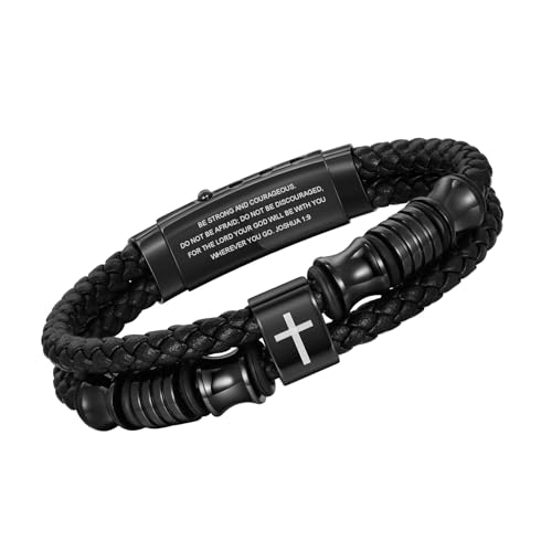 TempBeau Christian Black Leather Bracelet for Men - Double-Row Braided Leather Faith Cross Bracelets for Men Jewelry Gift Religious Baptism Easter Gifts for Young Men Teenage,Adjustable Wristband,1