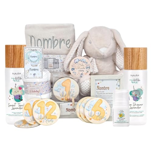 Mababyshop Mi Peluche Deluxe – Cesta Regalo Bebes Recien Nacidos Unisex PERSONALIZADA con Manta bordada, Peluche Conejo, set Chupete y Pinza, Tarta Pañales, Set Cuidados Bebé, Ideal Babyshower