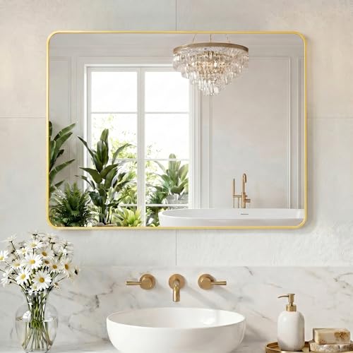Image of NEWBULIG 30X40 Inch Bathroom Mirror, Rectangle Wall Mirror with Rounded Corners, Gold Vanity Mirrors for Bathroom Sink with Metal Frame for Bedroom, Entryway, Hangs Horizontally or Vertically
