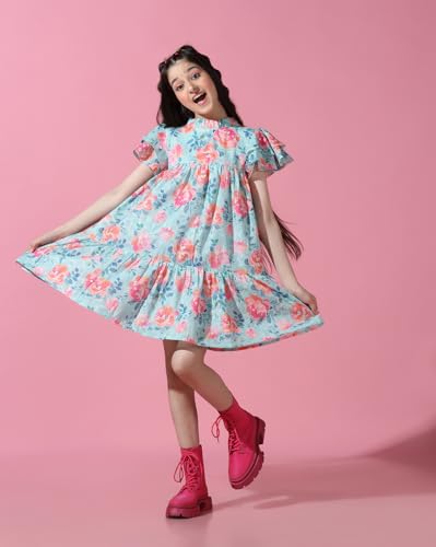 Image of Cherry & Jerry Blue Floral Print Schiffli Dress