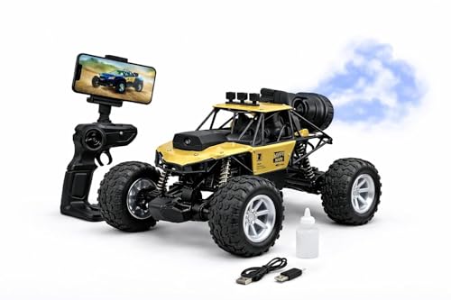 Image of Prime Brands Rock Crawler with HD Video Camera & Mobile App Control, 60+ Ft Range, Mist Spray Off-Road Truck, Rechargeable with Type-C Port, Shock Absorber All Terrain Toy Car with Gun Remote (Golden)