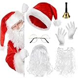 Huucozn 6 PCS Disfraces de Papá Noel con Blanca Peluca y Barba de PapaNoel, Gorro Navideño Adulto, Gafa, Guantes y Campana para Papá Noel, Disfraz de Santa Claus para Navidad, Cosplay y Fiesta