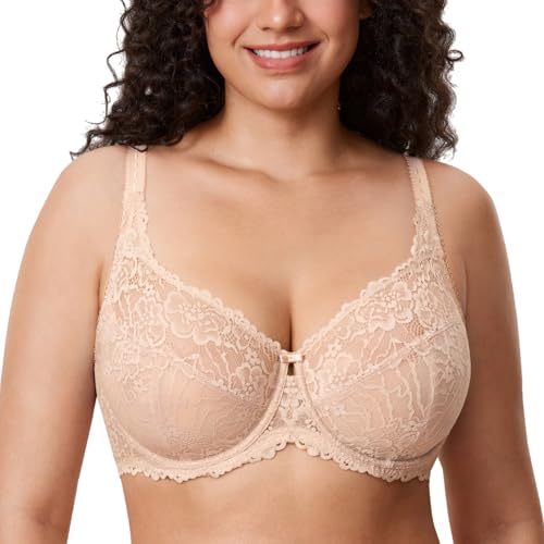 DELIMIRA Women's Plus Size Minimizer Bras Full Coverage Lace Unlined Underwire Bra B-K Cups Beige 42H