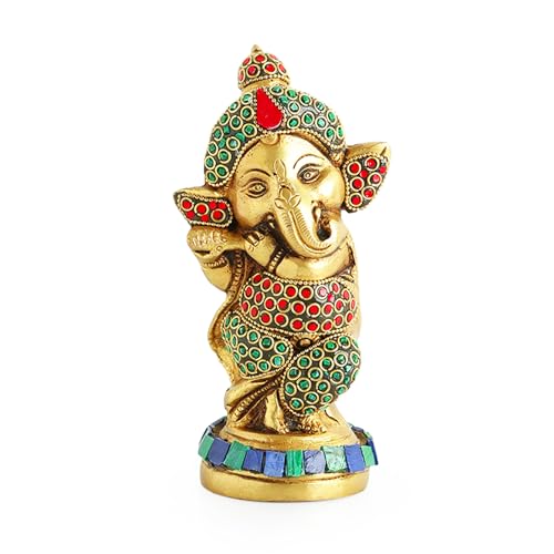 Image of ExclusiveLane 'Englighted' Brass Ganesha Idol for Home (100% Pure Brass, 0.9 Kg, 5.7 Inch)|Decorative Items for Living Room Showpiece for Home Decor Showpiece for Gift Diwali Housewarming Return Gifts