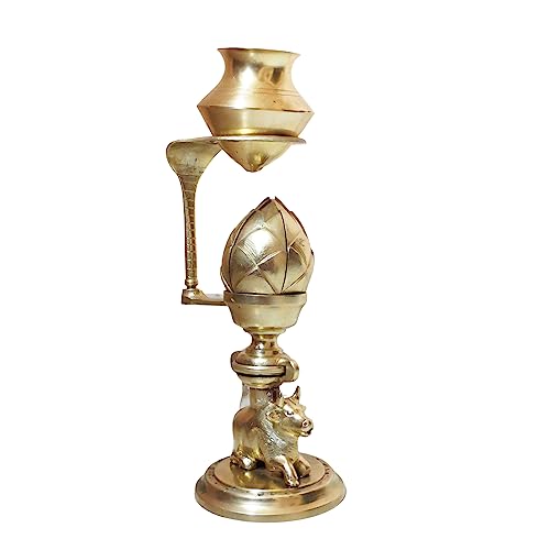 Image of Shivling Abhishek Patra Tripai Stand 12 CM With Brass Jalabhishek Lota Kalash With Pooja Plate Best Set for Small Size Shivling Jalabhishek - Yellow