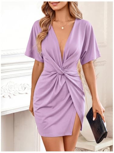 Image of Floerns Women's Deep V Neck Twisted Plunging High Slit Mini Party Dress