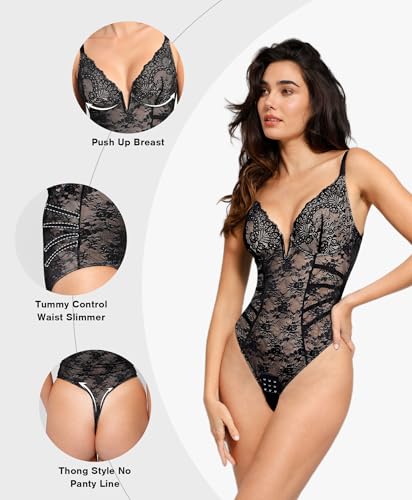 Popilush Lace Body Suits Women Tummy Control Shapewear Bodysuit Deep V Neck Backless Corset Tops Thong Body Shaper3